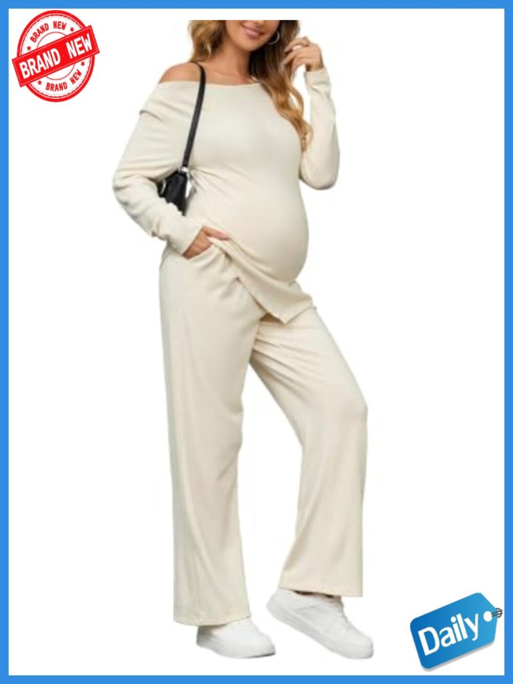 Maternity Lounge Set 2 Piece Off Shoulder Top Wide Leg Pants